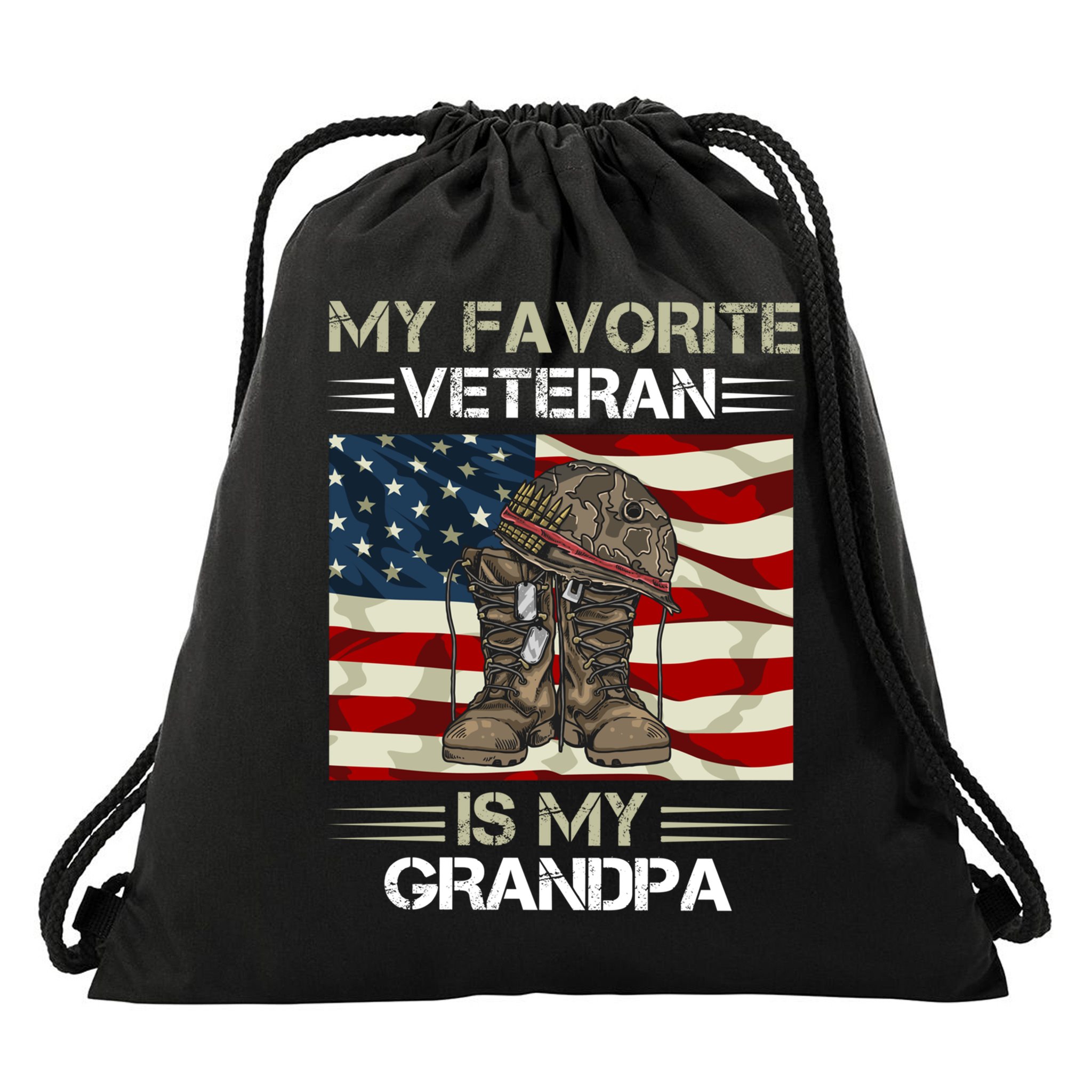 My Favorite Veteran Is My Grandpa American Flag Cool Gift Drawstring Bag