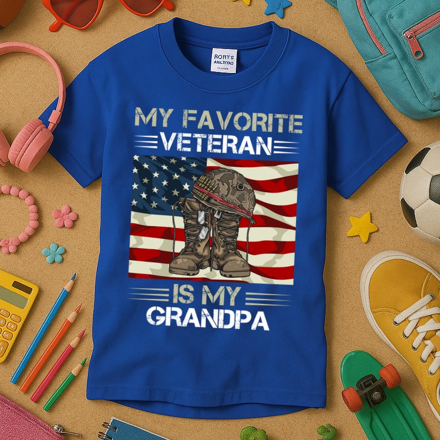 My Favorite Veteran Is My Grandpa American Flag Cool Gift Kids T-Shirt