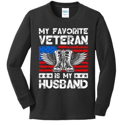 My Favorite Veteran Is My Husband American Us Flag Kids Long Sleeve Shirt