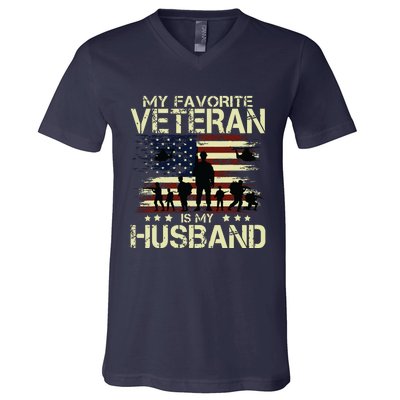 My Favorite Veteran Is My Husband Patriots Military V-Neck T-Shirt