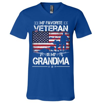 My Favorite Veteran Is My Grandma Cool Gift Flag Mother Veterans Day Funny Gift V-Neck T-Shirt