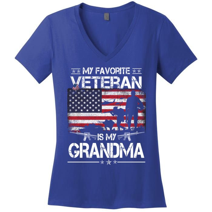 My Favorite Veteran Is My Grandma Cool Gift Flag Mother Veterans Day Funny Gift Women's V-Neck T-Shirt