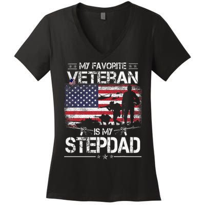 My Favorite Veteran Is My Stepdad Flag Father Veterans Day Women's V-Neck T-Shirt
