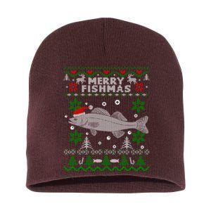 Merry Fishmas Walleye Fisherman Gift Fishing Ugly Christmas Short Acrylic Beanie