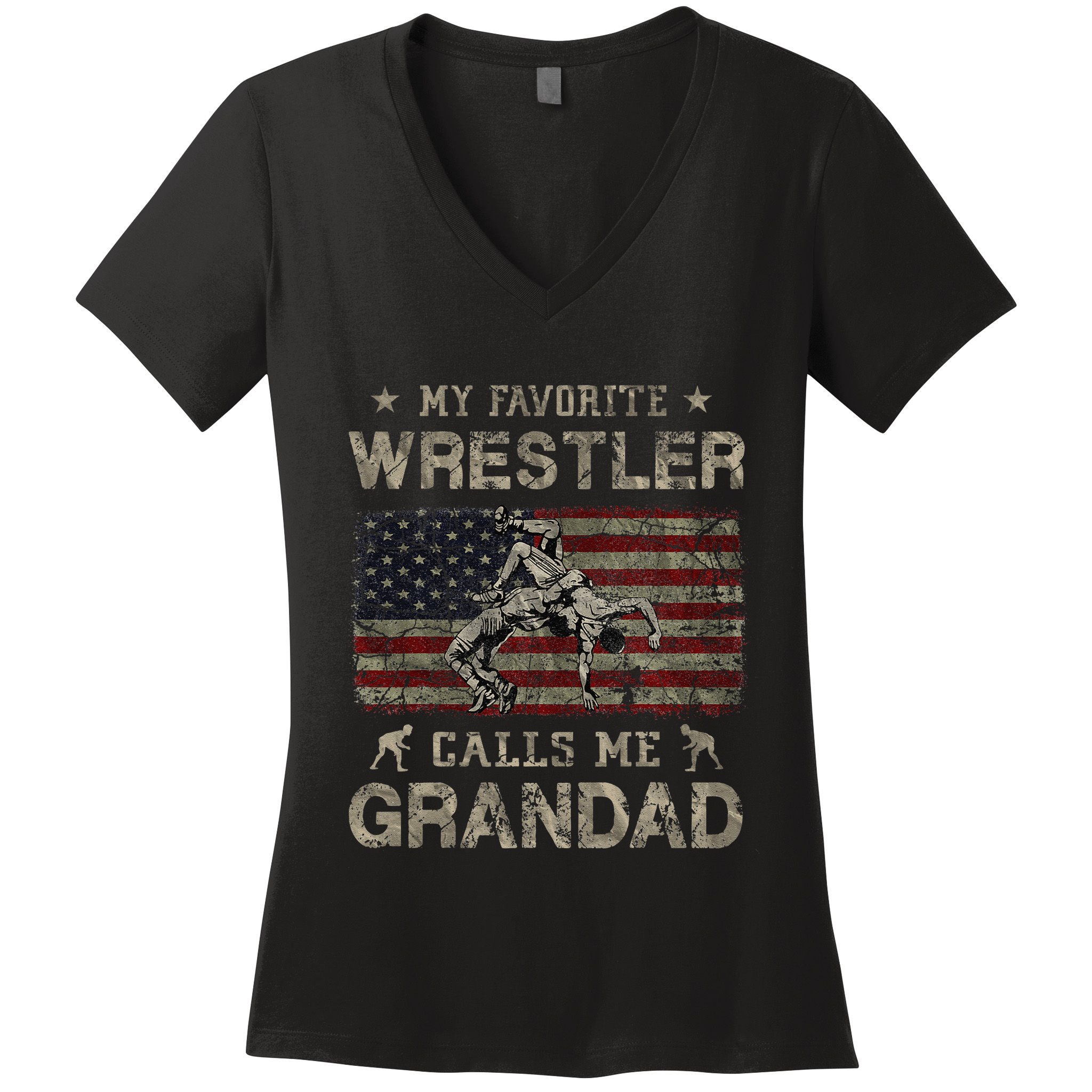My Favorite Wrestler Calls Me Grandad FatherS Day Usa Flag Women's V-Neck T-Shirt