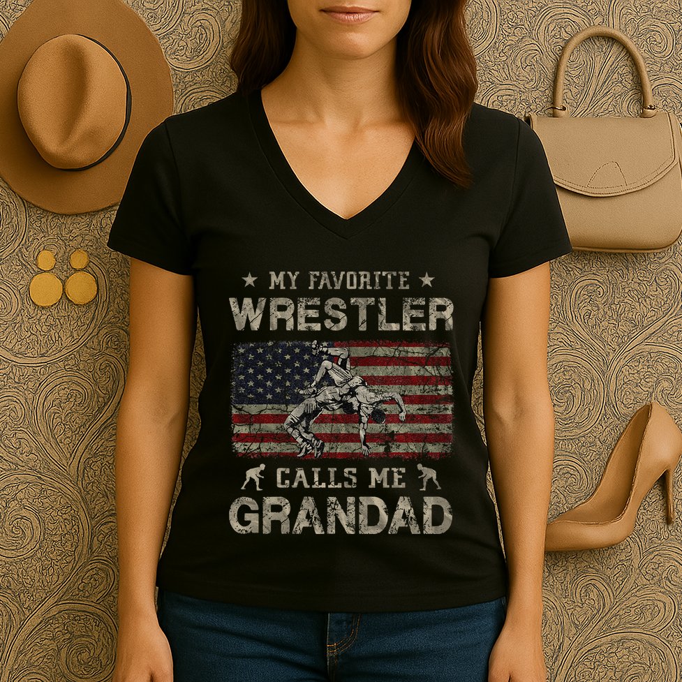 My Favorite Wrestler Calls Me Grandad FatherS Day Usa Flag Women's V-Neck T-Shirt