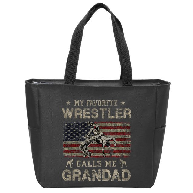 My Favorite Wrestler Calls Me Grandad FatherS Day Usa Flag Zip Tote Bag