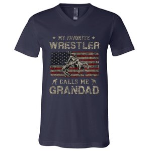 My Favorite Wrestler Calls Me Grandad FatherS Day Usa Flag V-Neck T-Shirt