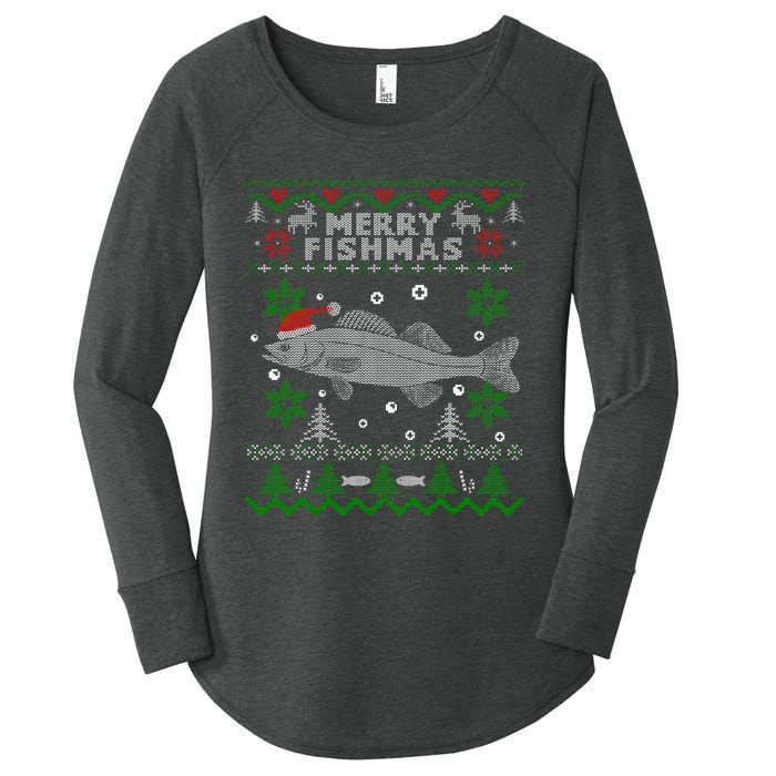 Merry Fishmas Walleye Fisherman Gift Fishing Ugly Christmas Women's Perfect Tri Tunic Long Sleeve Shirt