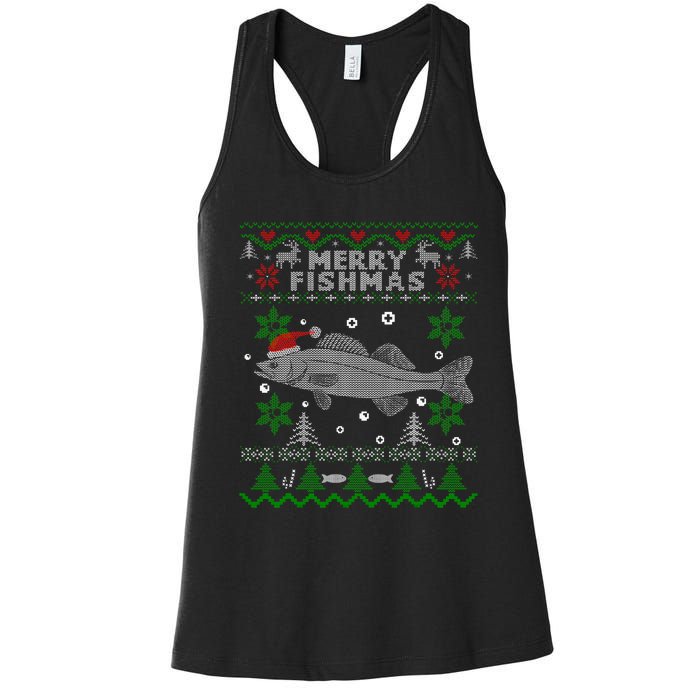 Merry Fishmas Walleye Fisherman Gift Fishing Ugly Christmas Women's Racerback Tank