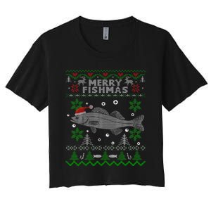 Merry Fishmas Walleye Fisherman Gift Fishing Ugly Christmas Women's Crop Top Tee