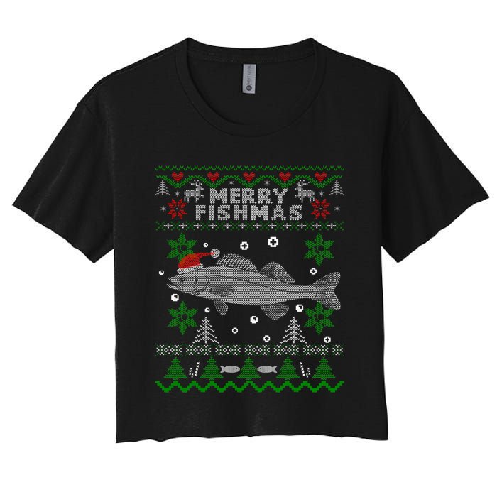 Merry Fishmas Walleye Fisherman Gift Fishing Ugly Christmas Women's Crop Top Tee