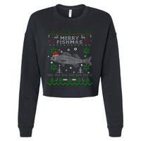 Merry Fishmas Walleye Fisherman Gift Fishing Ugly Christmas Cropped Pullover Crew