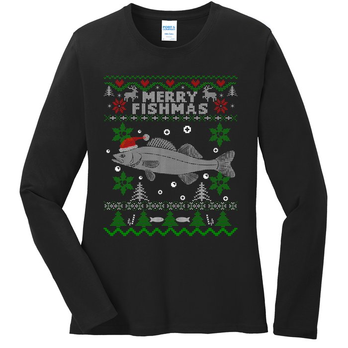 Merry Fishmas Walleye Fisherman Gift Fishing Ugly Christmas Ladies Long Sleeve Shirt