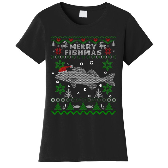 Merry Fishmas Walleye Fisherman Gift Fishing Ugly Christmas Women's T-Shirt