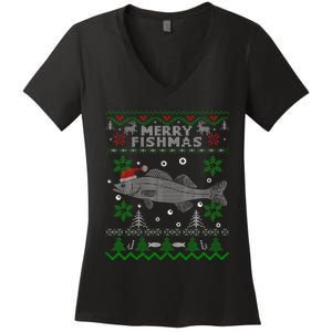 Merry Fishmas Walleye Fisherman Gift Fishing Ugly Christmas Women's V-Neck T-Shirt