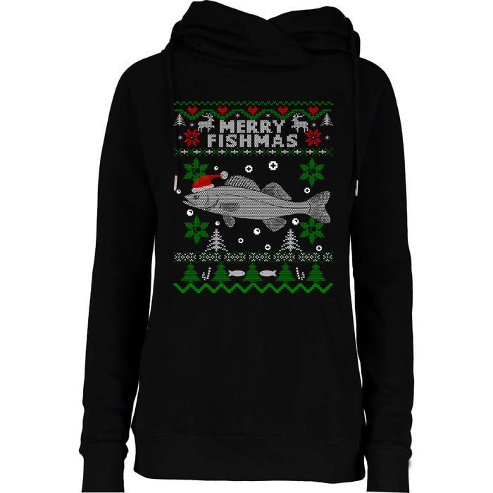 Merry Fishmas Walleye Fisherman Gift Fishing Ugly Christmas Womens Funnel Neck Pullover Hood