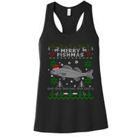 Merry Fishmas Walleye Fisherman Gift Fishing Ugly Christmas Women's Racerback Tank