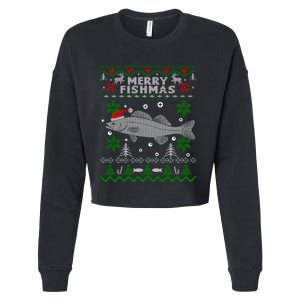 Merry Fishmas Walleye Fisherman Gift Fishing Ugly Christmas Cropped Pullover Crew