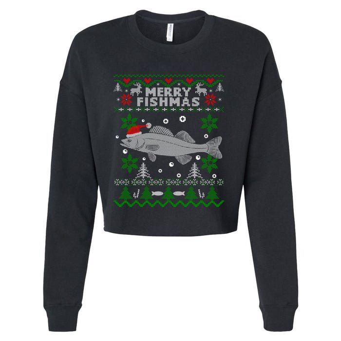 Merry Fishmas Walleye Fisherman Gift Fishing Ugly Christmas Cropped Pullover Crew