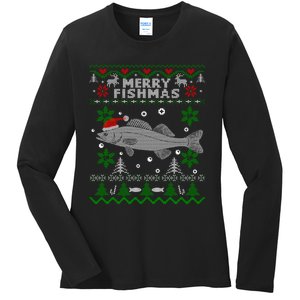 Merry Fishmas Walleye Fisherman Gift Fishing Ugly Christmas Ladies Long Sleeve Shirt