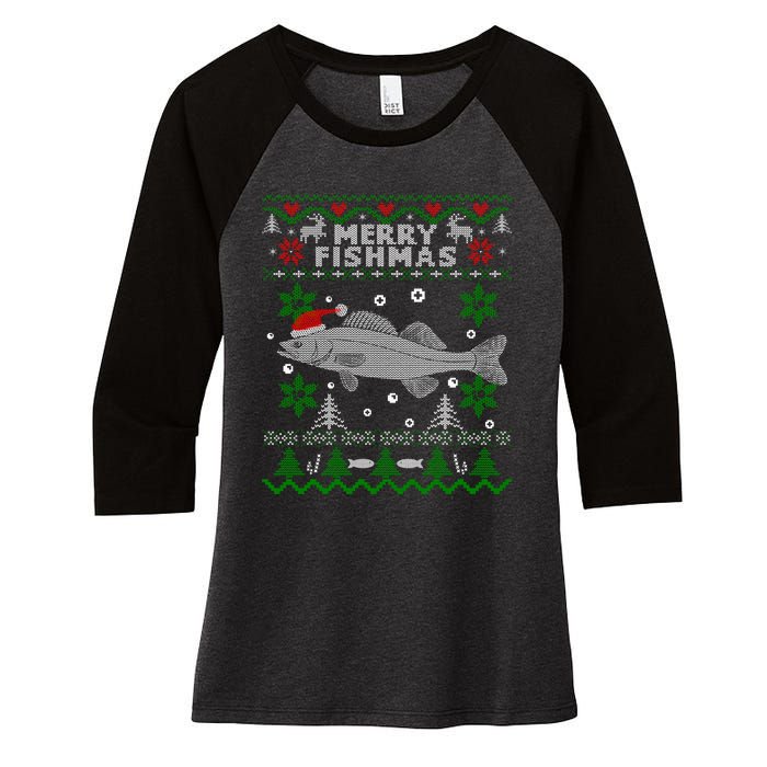 Merry Fishmas Walleye Fisherman Gift Fishing Ugly Christmas Women's Tri-Blend 3/4-Sleeve Raglan Shirt