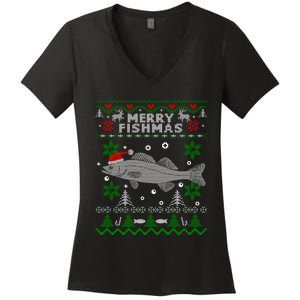 Merry Fishmas Walleye Fisherman Gift Fishing Ugly Christmas Women's V-Neck T-Shirt