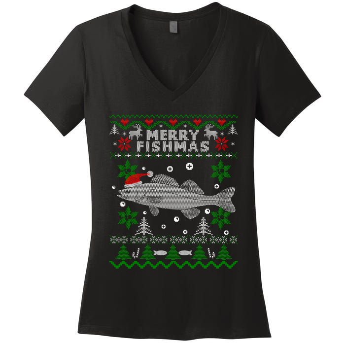 Merry Fishmas Walleye Fisherman Gift Fishing Ugly Christmas Women's V-Neck T-Shirt