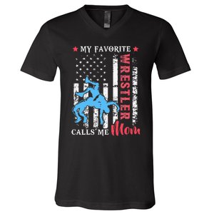 My Favorite Wrestler Calls Me Mom USA Flag Mother's day V-Neck T-Shirt