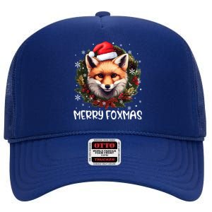 Merry Foxmas Xmas Decoration Santa Fox Christmas Cute Gift High Crown Mesh Back Trucker Hat