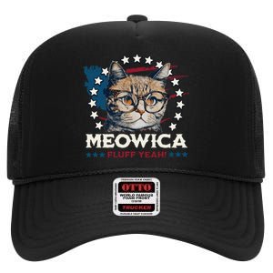 Meowica Fluff Yeah Funny Patriotic Cat 4th of July High Crown Mesh Back Trucker Hat