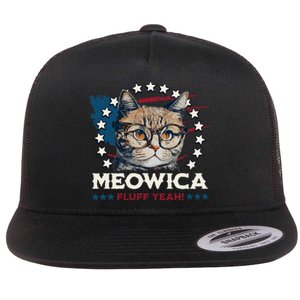 Meowica Fluff Yeah Funny Patriotic Cat 4th of July Flat Bill Trucker Hat