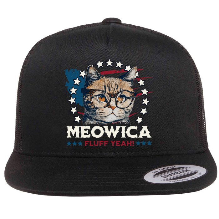 Meowica Fluff Yeah Funny Patriotic Cat 4th of July Flat Bill Trucker Hat