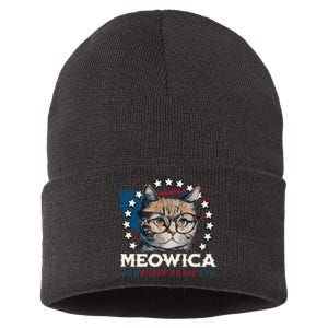 Meowica Fluff Yeah Funny Patriotic Cat 4th of July Sustainable Knit Beanie