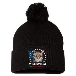 Meowica Fluff Yeah Funny Patriotic Cat 4th of July Pom Pom 12in Knit Beanie