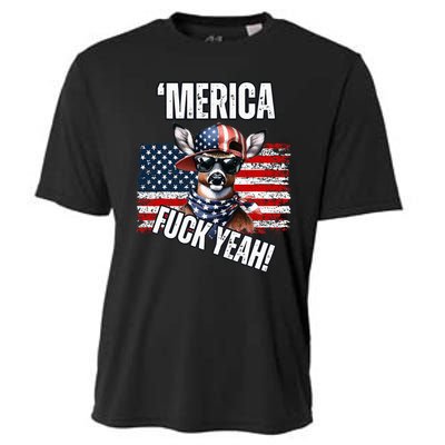 Merica Fuck Yeah! Patriotic Deer Sunglasses Usa Flag Cooling Performance Crew T-Shirt