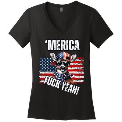 Merica Fuck Yeah! Patriotic Deer Sunglasses Usa Flag Women's V-Neck T-Shirt