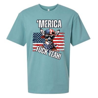 Merica Fuck Yeah! Patriotic Deer Sunglasses Usa Flag Sueded Cloud Jersey T-Shirt