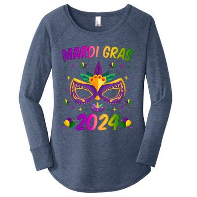 Mardi Gras 2024 Funny Mardi Gras Mask Costume Women's Perfect Tri Tunic Long Sleeve Shirt