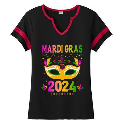 Mardi Gras 2024 Funny Mardi Gras Mask Costume Ladies Halftime Notch Neck Tee