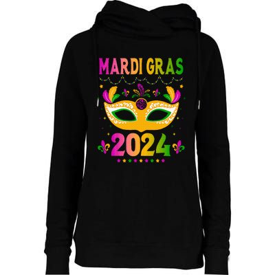 Mardi Gras 2024 Funny Mardi Gras Mask Costume Womens Funnel Neck Pullover Hood