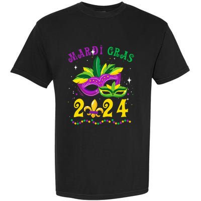 Mardi Gras 2024 Mask Fleur De Lys Beads Nola Carnival Party Garment-Dyed Heavyweight T-Shirt