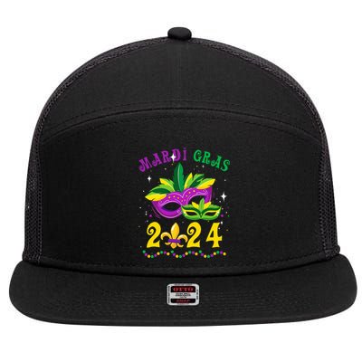 Mardi Gras 2024 Mask Fleur De Lys Beads Nola Carnival Party 7 Panel Mesh Trucker Snapback Hat