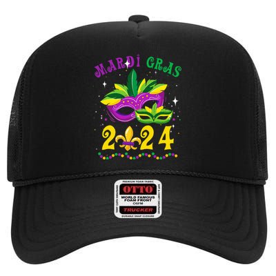 Mardi Gras 2024 Mask Fleur De Lys Beads Nola Carnival Party High Crown Mesh Back Trucker Hat