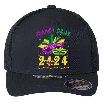 Mardi Gras 2024 Mask Fleur De Lys Beads Nola Carnival Party Flexfit Unipanel Trucker Cap