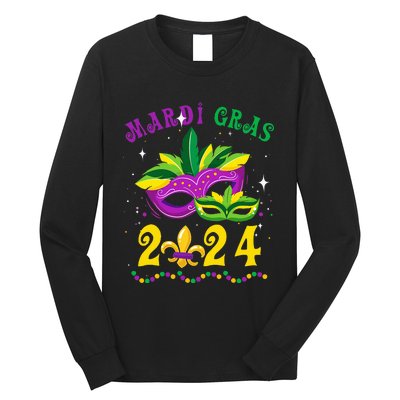 Mardi Gras 2024 Mask Fleur De Lys Beads Nola Carnival Party Long Sleeve Shirt