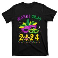 Mardi Gras 2024 Mask Fleur De Lys Beads Nola Carnival Party T-Shirt