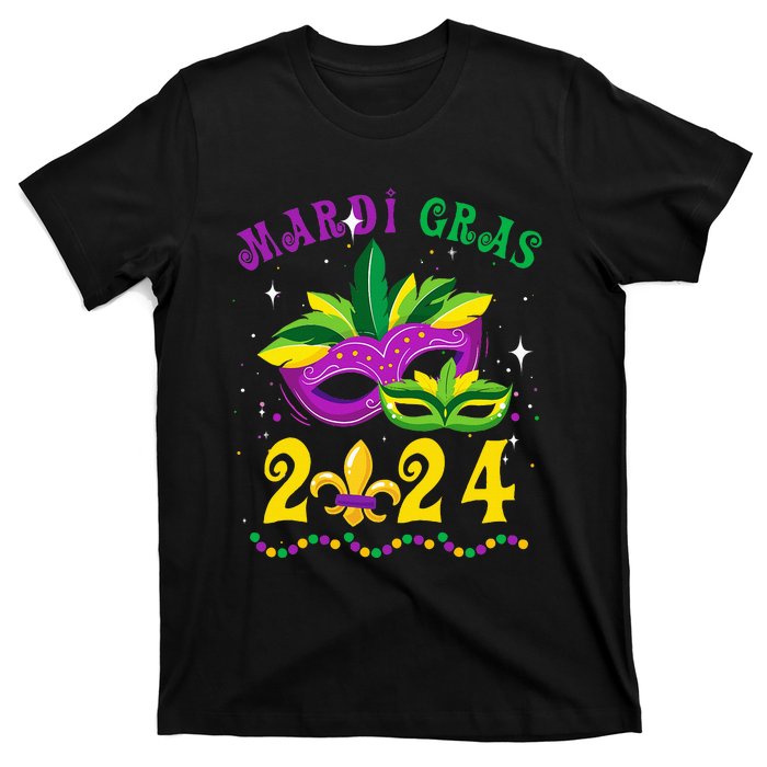 Mardi Gras 2024 Mask Fleur De Lys Beads Nola Carnival Party T-Shirt