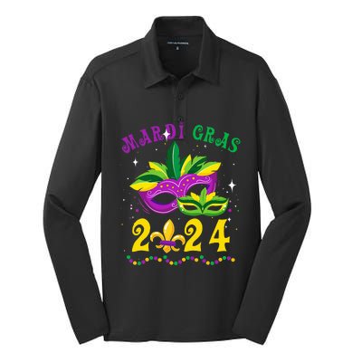 Mardi Gras 2024 Mask Fleur De Lys Beads Nola Carnival Party Silk Touch Performance Long Sleeve Polo