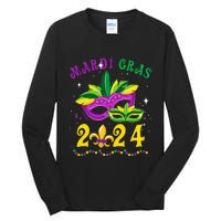 Mardi Gras 2024 Mask Fleur De Lys Beads Nola Carnival Party Tall Long Sleeve T-Shirt